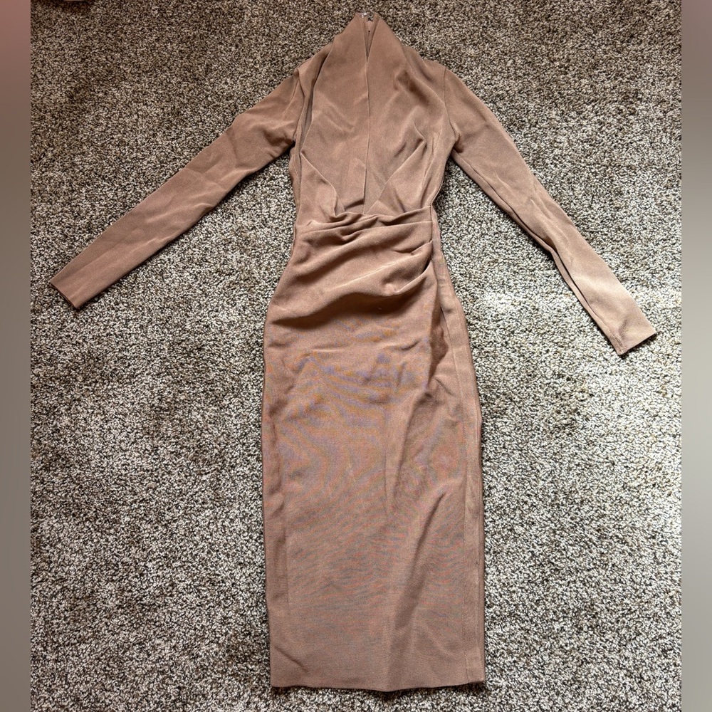 Babaton Elegant Tan Long Sleeve Dress